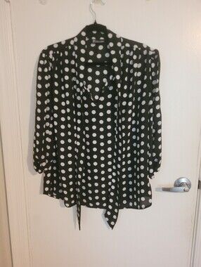 Avenue Black & White Polka Dot Tie-Neck Blouse